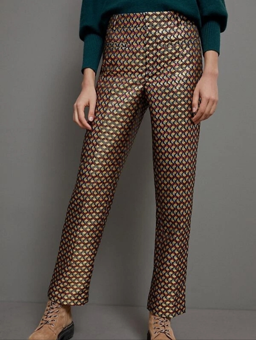Anthropologie Essential Slim Geometric Jacquard Pants Size 14 Tall NWT
